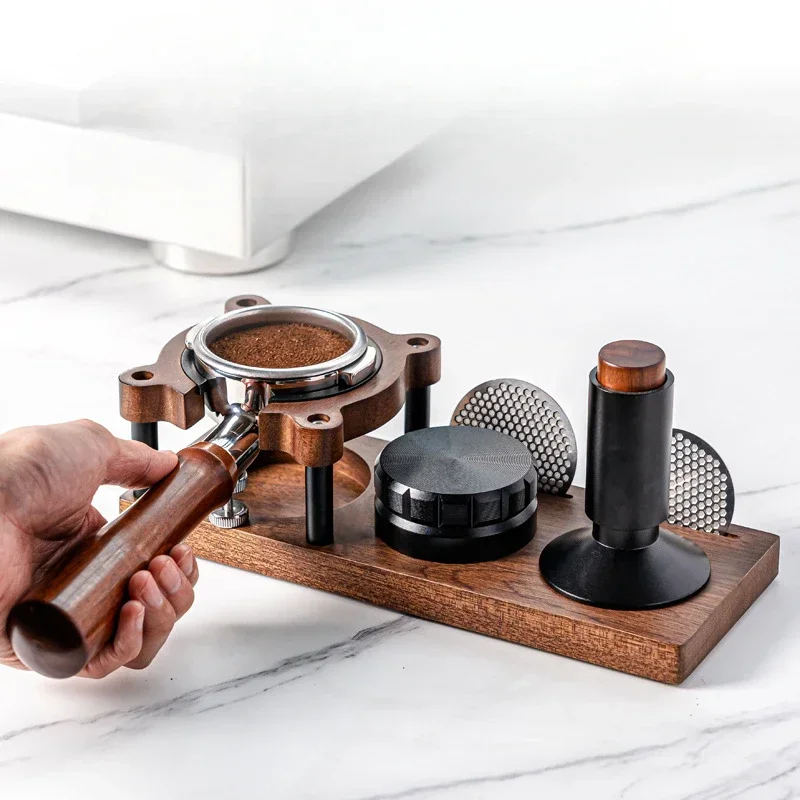 Coffee Tamper Station Sapele Coffee Distributor Tamper Filter Screen Storage Coffee Machine Handle Bracket 51-58mm Universal