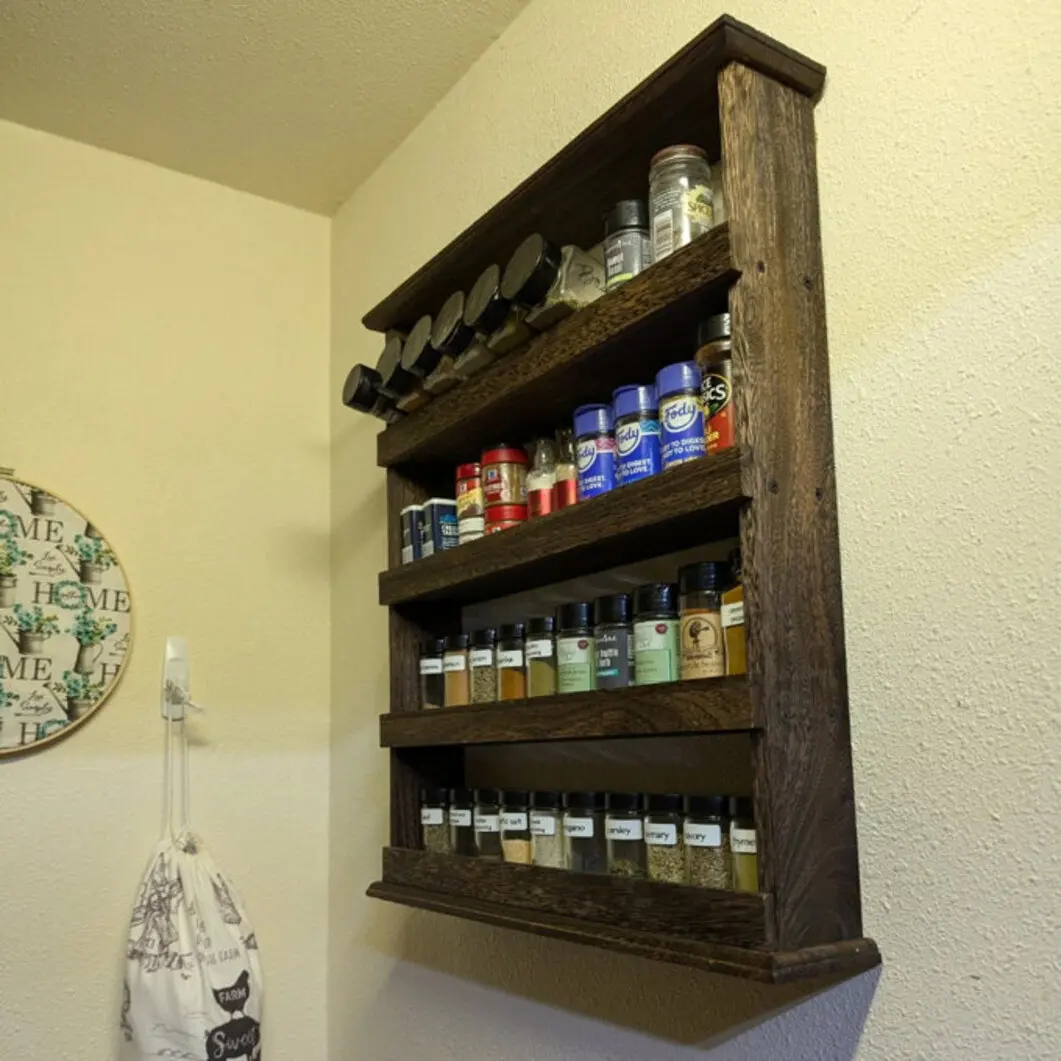 

Rustic 4Tier Wooden Spice Rack Desktop Wall Hanging Shelf Holder Kitchen Cabinet