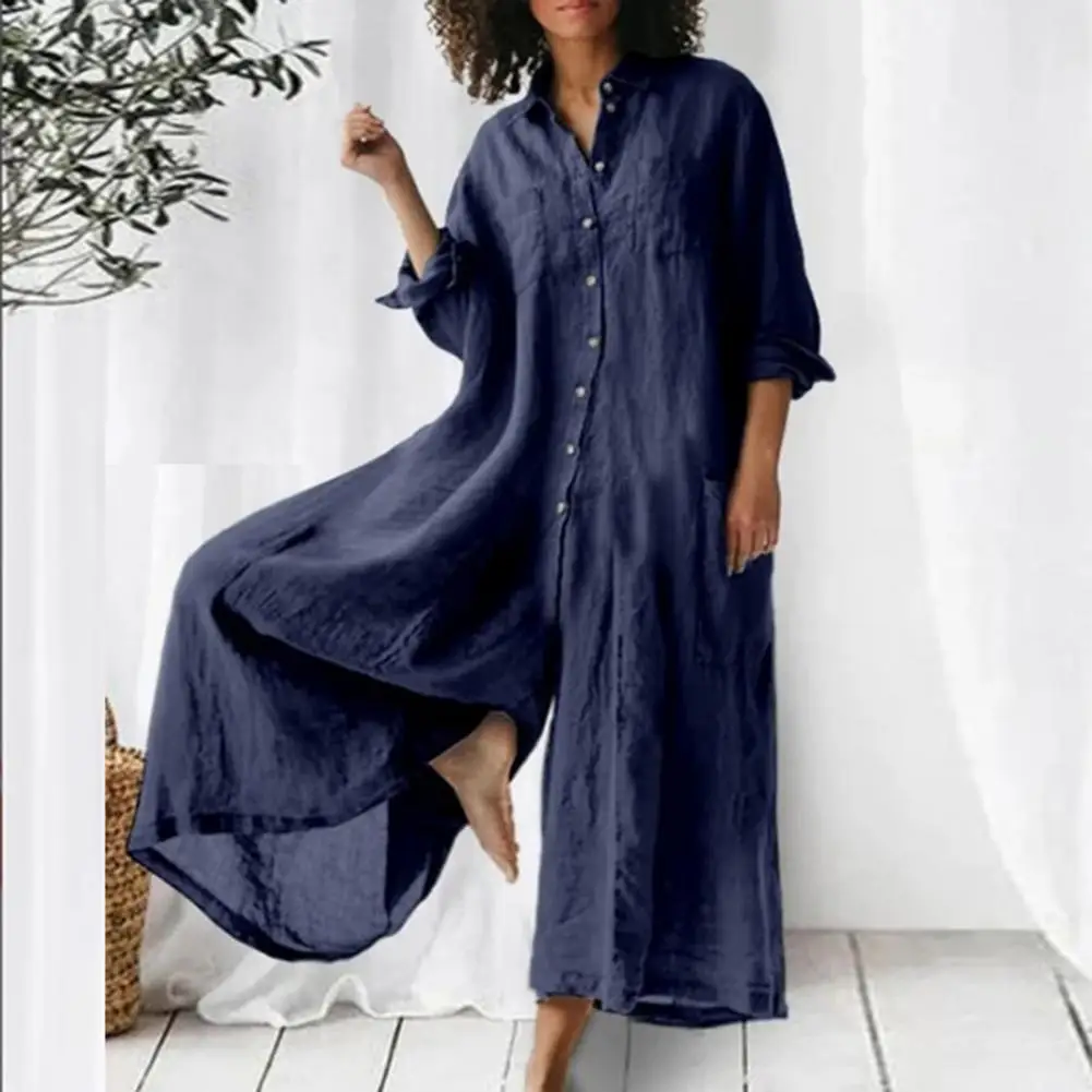 Turndown Collar Loose Cotton Line Women Jumpsuit Button Closure Ladies Jumpsuit Long Sleeves Wide Legs Pants Long Romper Pants