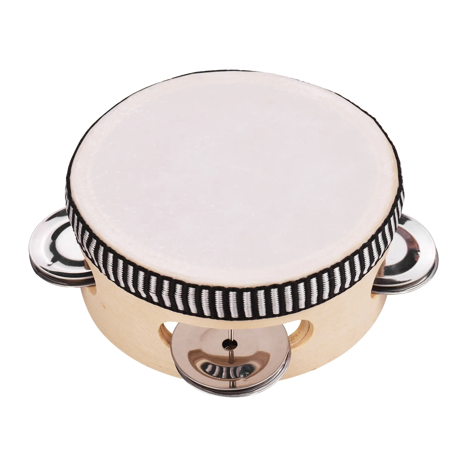 4 Inch Wooden Hand Tambourine with Metal Single Row Jingles Sheepskin  Skin Tambourines Entertainment Musical Timbrel