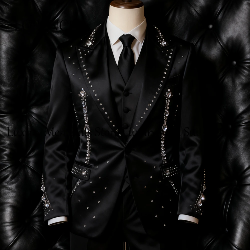 

Exquisite Diamond Men Suits 2 Pieces Long Tuxedos Set Wedding Party Groom Outfits 2025 Customized Blazer Pants trajes de novio