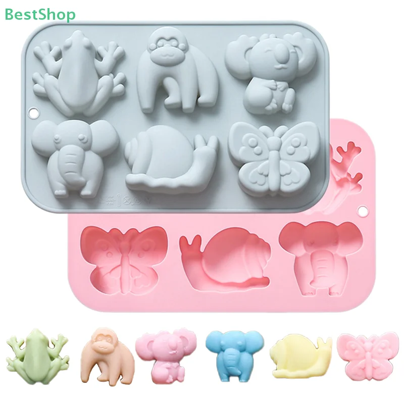 💖 Molde de silicona con forma de Animal de dibujos animados de 6 cavidades (elefante, mono, caracol, mariposa,canguro), molde para pastel, molde para hornear Chocolate