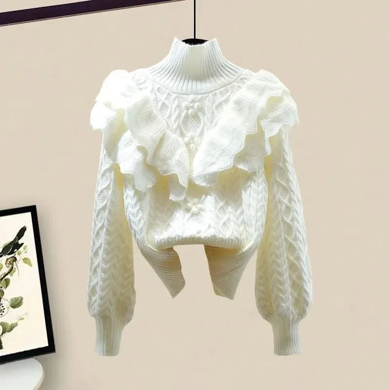 Sweet Ruffles Turtleneck Sweaters Sweet Purple Pink Twists Knitwear Korean Aesthetic Crop Top Warm Winter Jumpers Sexy Pullover
