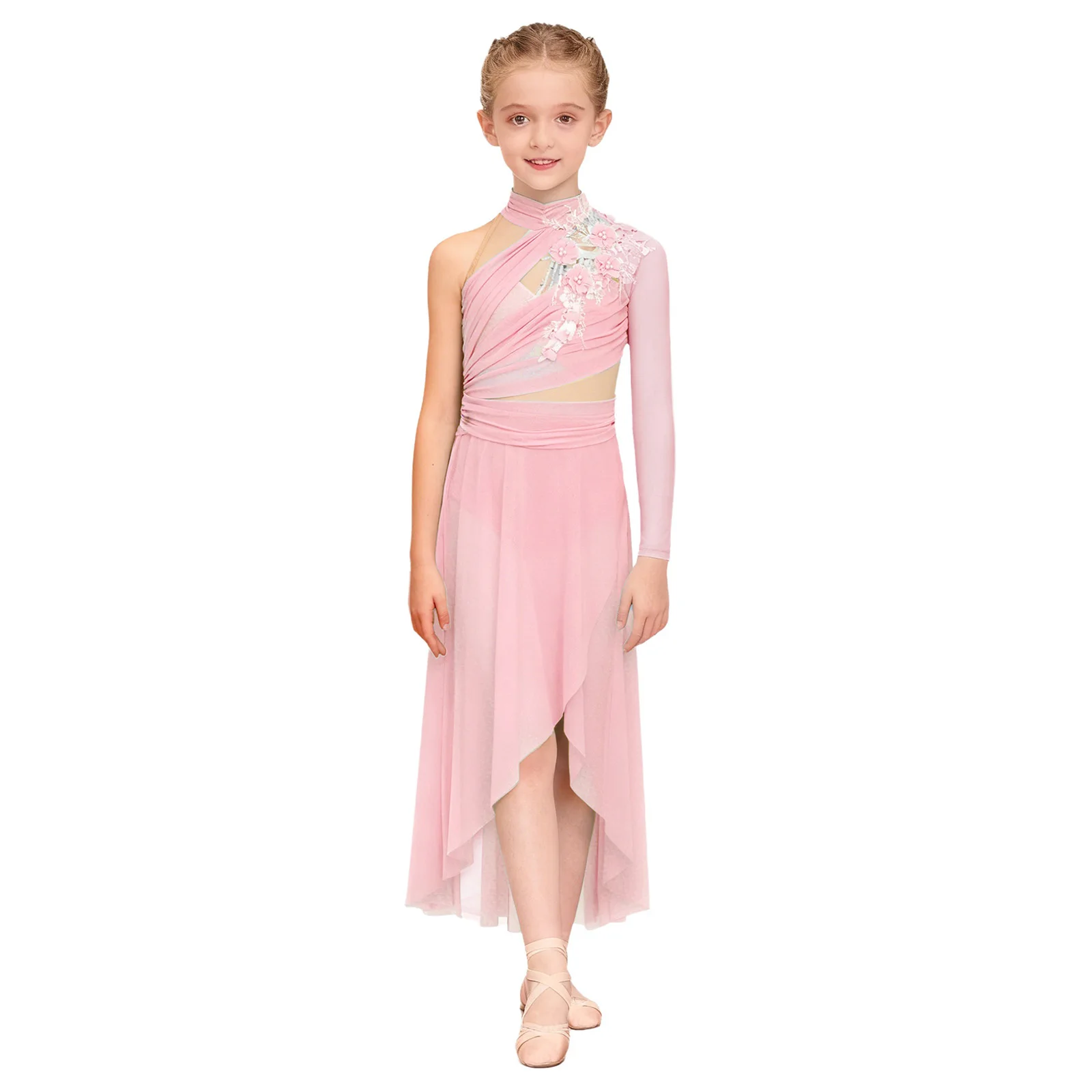 

Kids Girls Gymnastics Lyrical Modern Dance Dress Keyhole Back Side Split Irregular Hem Mesh Dresses for Dance Stage Competition