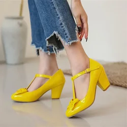 High Heels Women Pumps Patent Leather Bow Block High Heel T-Strap Shoes Buckle Round Toe Party Shoes Lady Pink Size 32-43