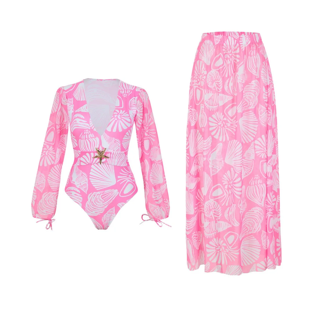 French-Style Swimsuit Wrap Dress Tea-Length Slimming Floral Print One-Piece Long Dress for Seaside Vacation Body-Hugging Summer