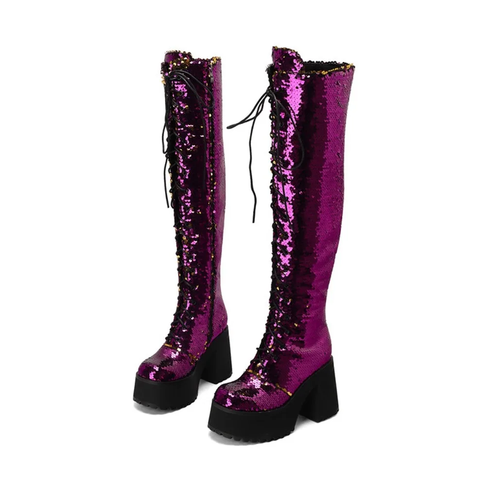 Women Sequin Over The Knee Boots Lace Up Inner Zipper Platform Block Heel Fashion Boots EU 35-44 21985