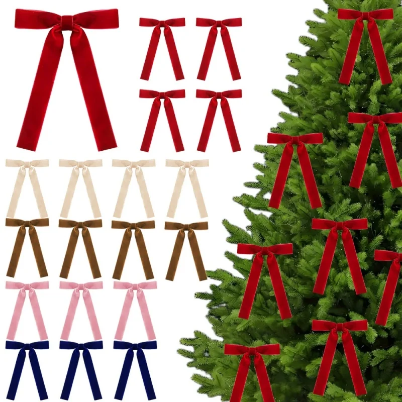 

12pcs Slender Velvet Christmas Bows Vintage Diy Christmas Tree Ornaments Ribbon Bow with Cable Tie Gift Wrapping Bows Wedding