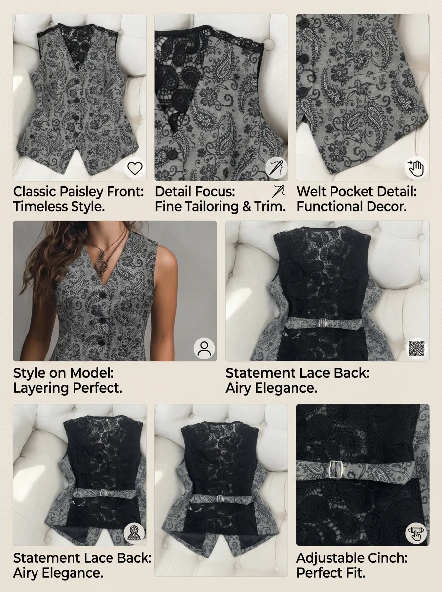 Elegante Weste, neu für Frühling, Sommer, Herbst, schicke, mit Leinen bestickte, ärmellose Weste mit eingesetztem Spitzenrücken, vielseitige Taillenform. – Detail 2