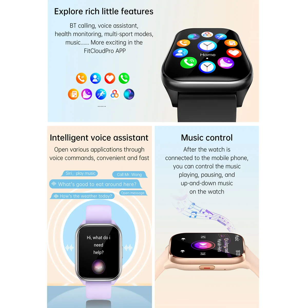 Smart Watch Hebrew Language Support Bluetooth Call Custom Dials AI Voice Assistant 1.85inches Square Screen Ladies Smart Watches