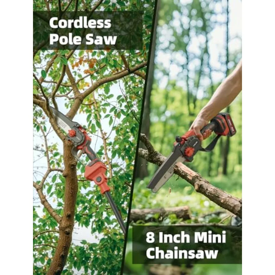2IN1 무선 폴 톱 미니 체인톱 브러시리스 모터로 효율적인 나무 가지치기 및 목재 절단 8인치 전기톱