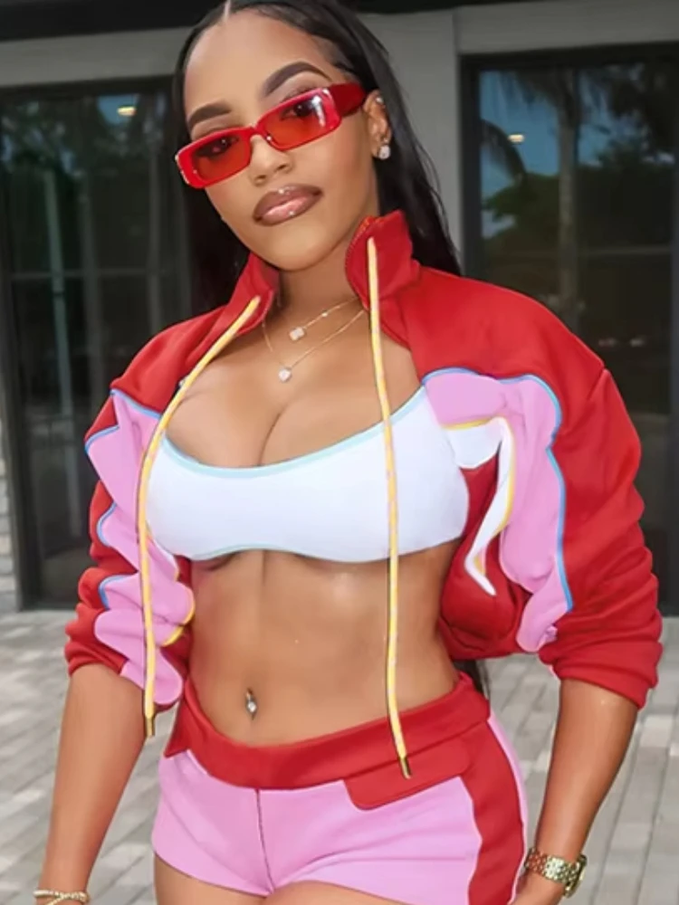 

InGrily Casual Sporty 2 Piece Set Women Hipster Zip Drawstring Crop Jacket+Shorts Matching High Street Skinny Stretch Tracksuit