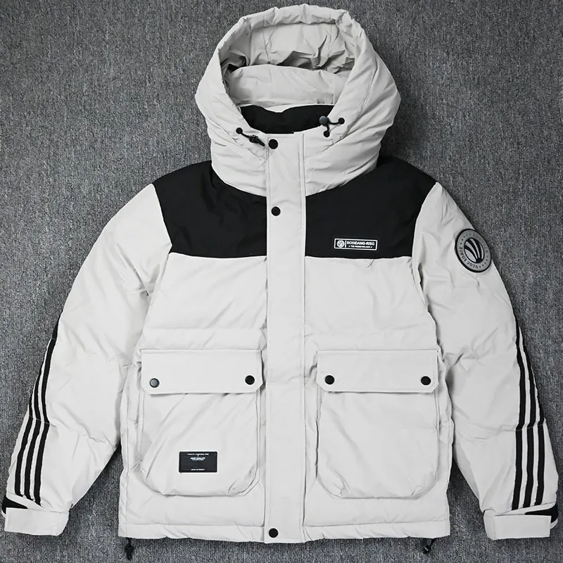 Men's Cargo White Duck Down Hooded Jacket Fall Winter Loose Thick Warm Oudoor Trekking Stormsuit Travel Windbreaker Down Coats