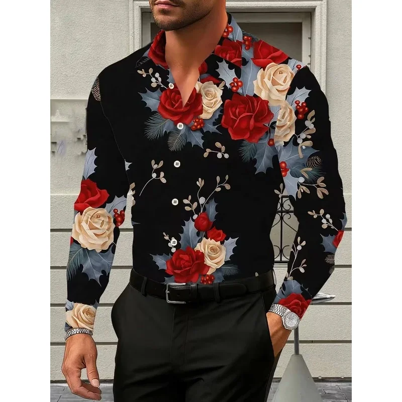 New Fashion Men's Long Sleeve 3D Flower Printed Shirt Casual Long Sleeve Top Octopus Pattern Men's Shirt Top