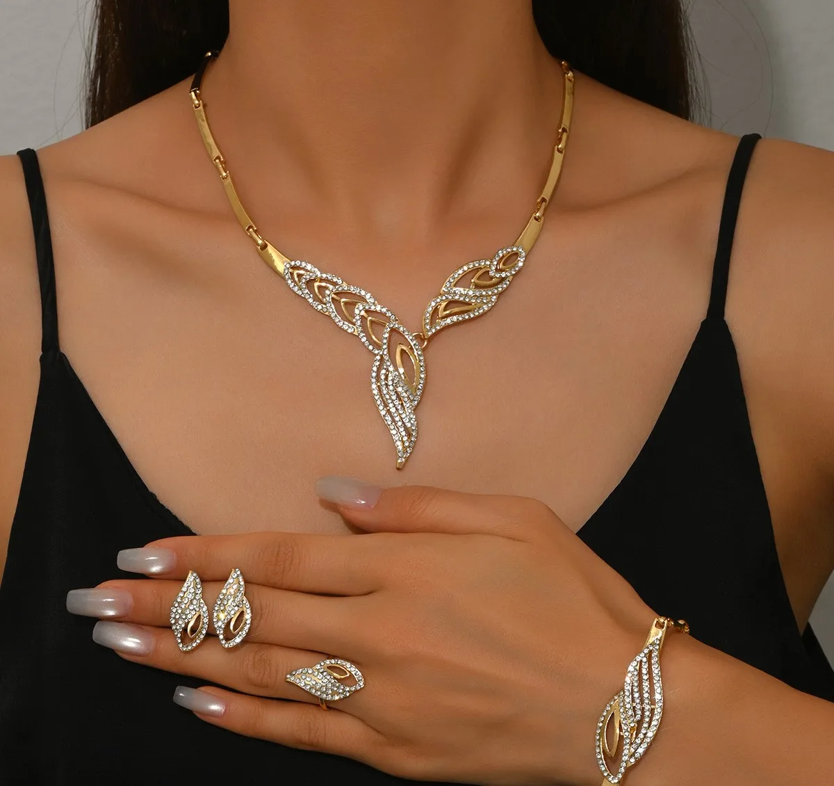 

Fashionable Diamond Studded Gold Leaf Jewelry Set - Necklace Earrings Rings Bracelets - Luxury Glitzy Accessory