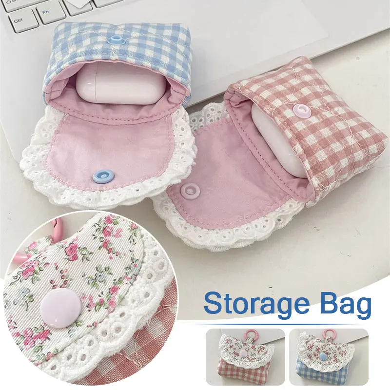 

Мини-милый милый кружевной кошелек с цветочным принтом, модный розовый, синий клетчатый защитный чехол для наушников, портативная маленькая сумка для хранения для девочек