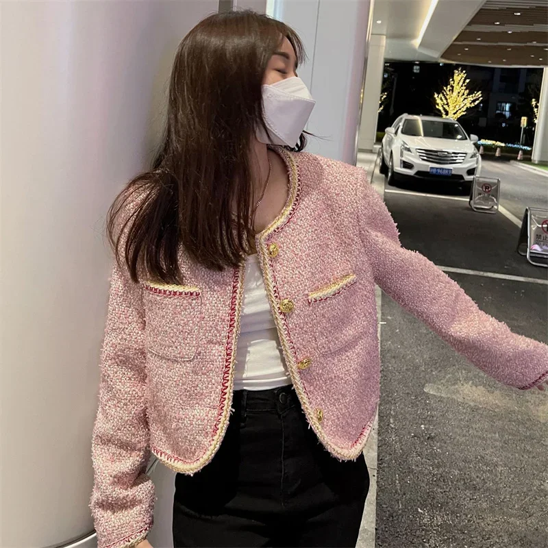 

Korea 2024 New Fashion Fall Winter Womens Full Sleeve Metal Button Pocket Braid Tweed Spliced Casual Pink Jackets Coats