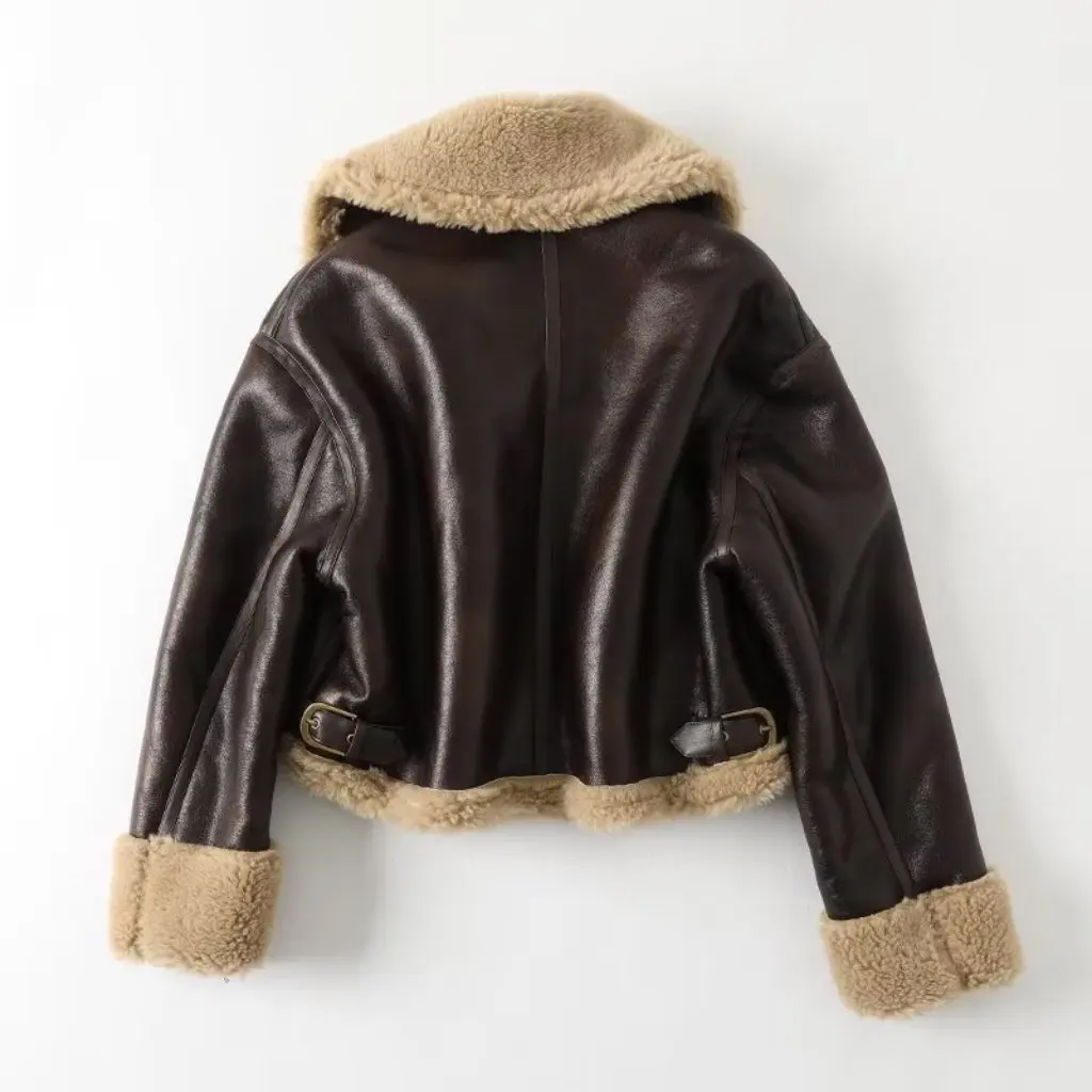 Chaqueta de cuero de imitación para mujer con puño de piel solapa moda urbana ropa de motociclista cálido Otoño Invierno nueva moda