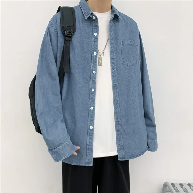 

2024 Men's Spring Autumn Fashion Long Sleeve Denim Shirts Male Korean Solid Color Loose Shirts Men Casual Blouses Coats H637