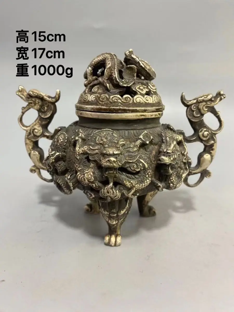 Vintage Tibetan Silver Incense Burner Nine 9 Dragon Censer Bring Fortune Mascot Home Ornament