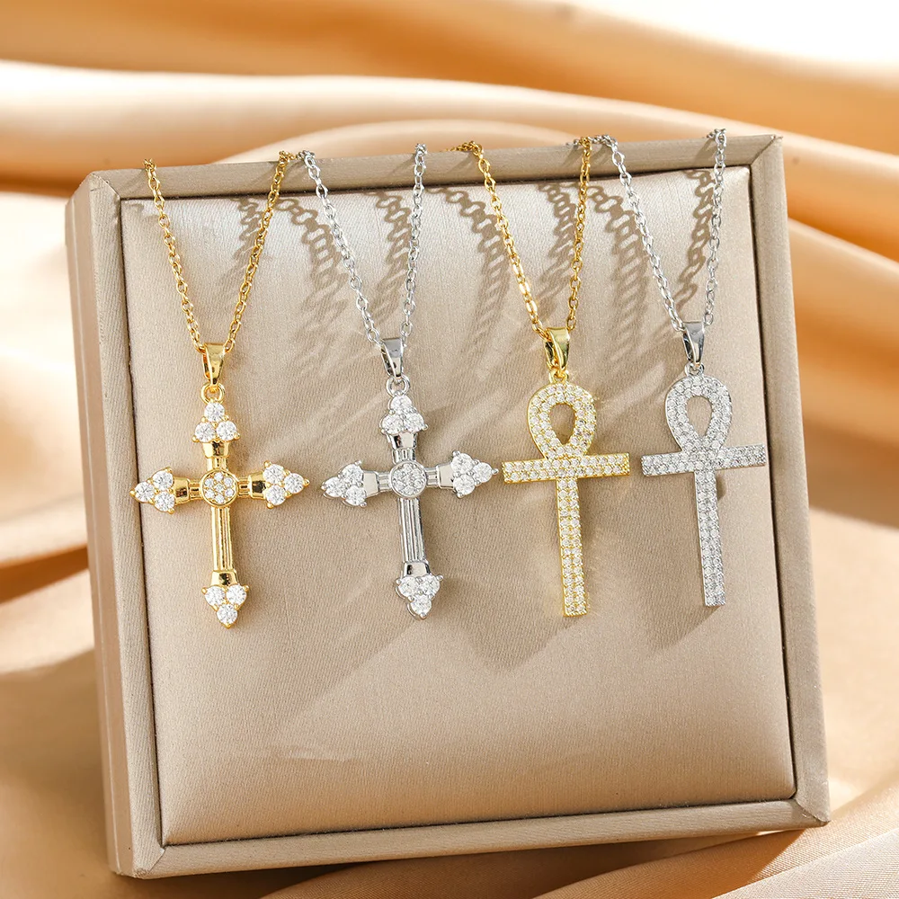 Fashion Geometry Cross with Zircon Pendant Necklace for Women Girls Romantic Hip Hop Jewelry Gifts
