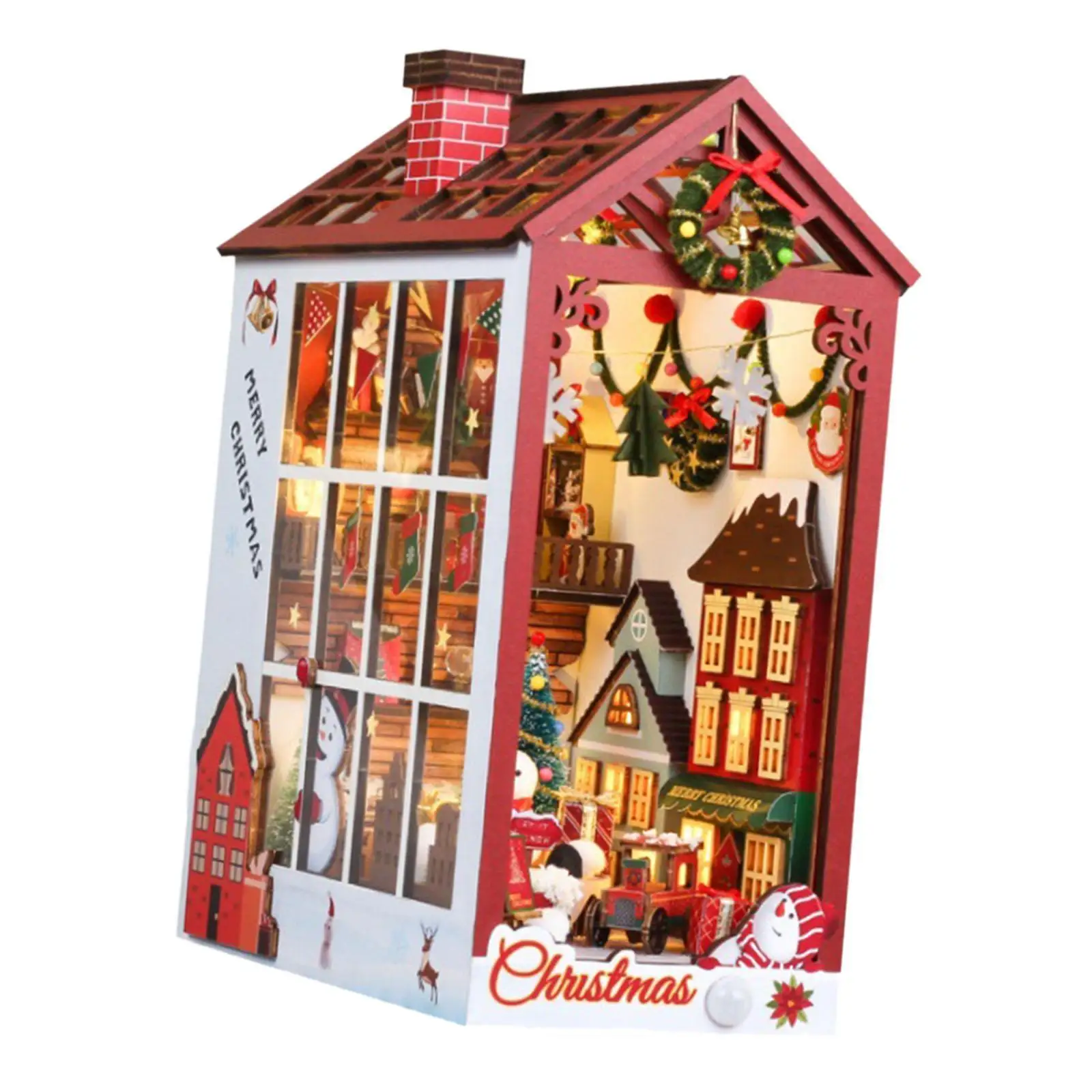 Christmas Dollhouse Bookend DIY Puzzle with Music Decorative Lighting Book Nook Decoration for Hobbyist Lightweight Multipurpose