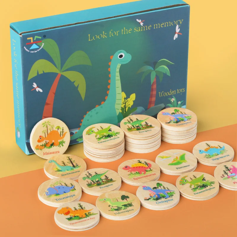 Montessori brinquedos educativos de madeira para crianças, Puzzle Game, Cartoon Dinosaur Pattern, Memory Chess, Thinking Training, Find The Same