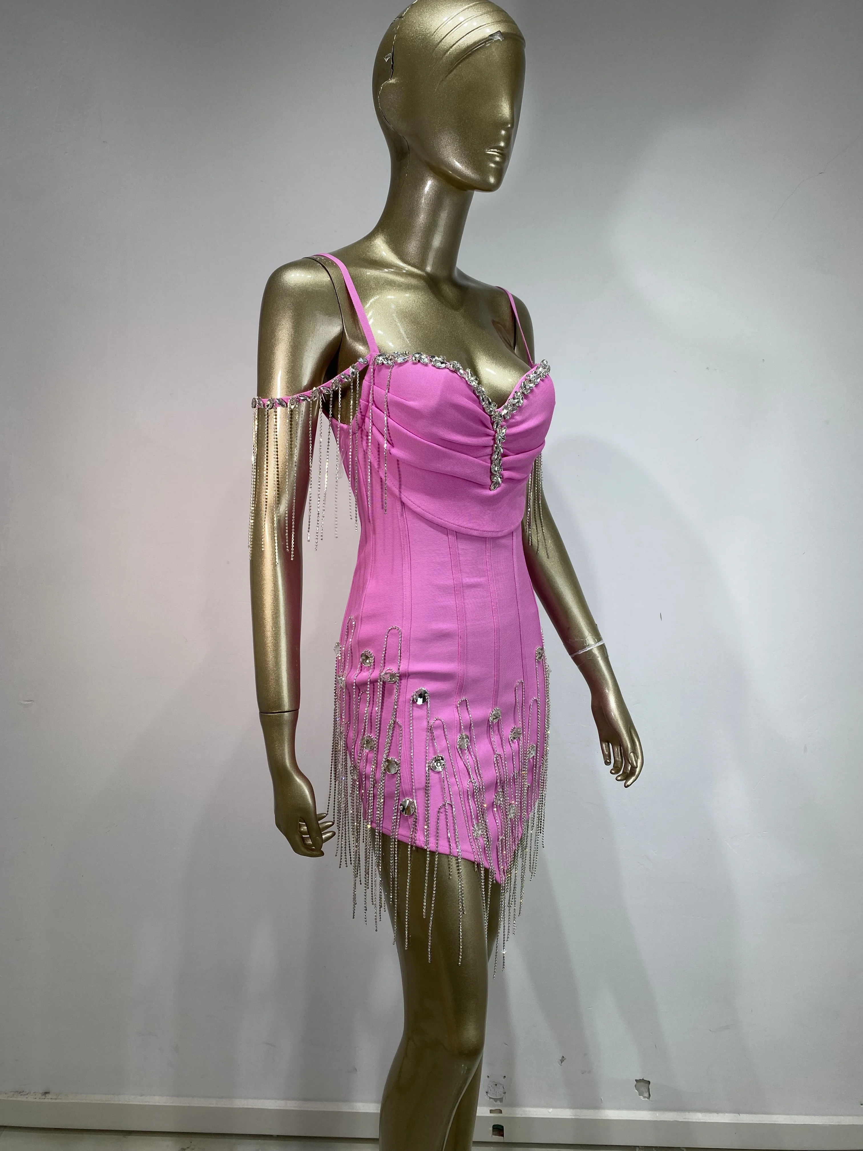 Women Luxury Birthday Dress Pink Spaghetti Strap Diamonds Tassel V Neck Bodycon Mini Celebrity Evening Club Party Dresses