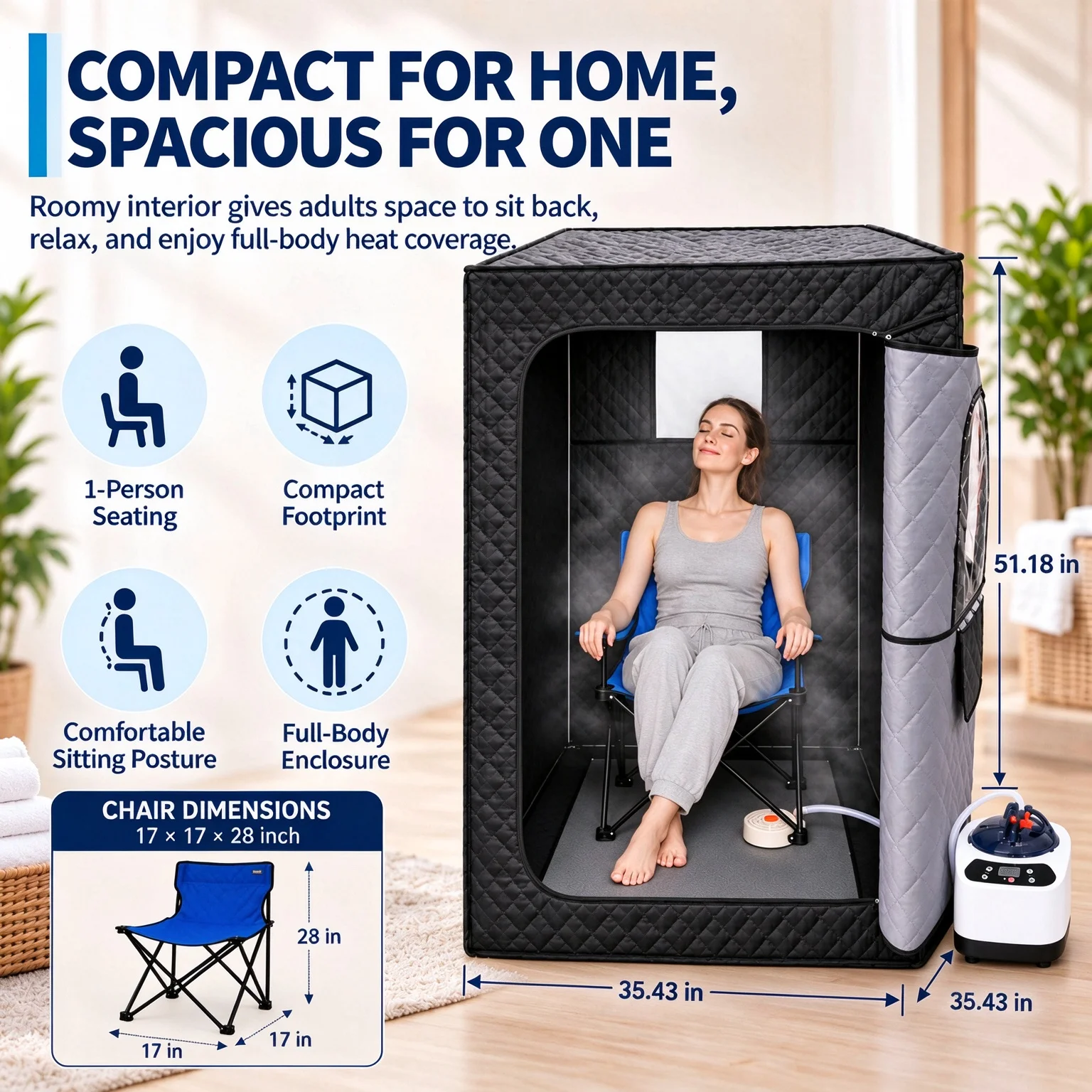 Portable 1-Person Steam Sauna Tent with 3L Steamer, Chair & Remote, Waterproof, Insulated, Collapsible Home Spa for Relaxation & Detox