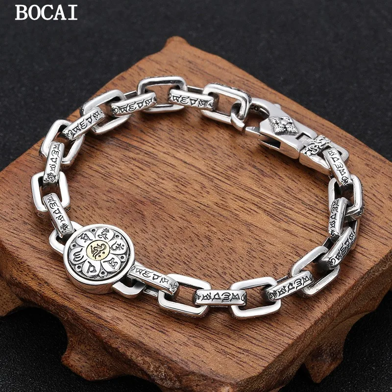 BOCAI S925 Pure Silver Retro Fashion Six Character Mantra Rotating Bracelet For Men