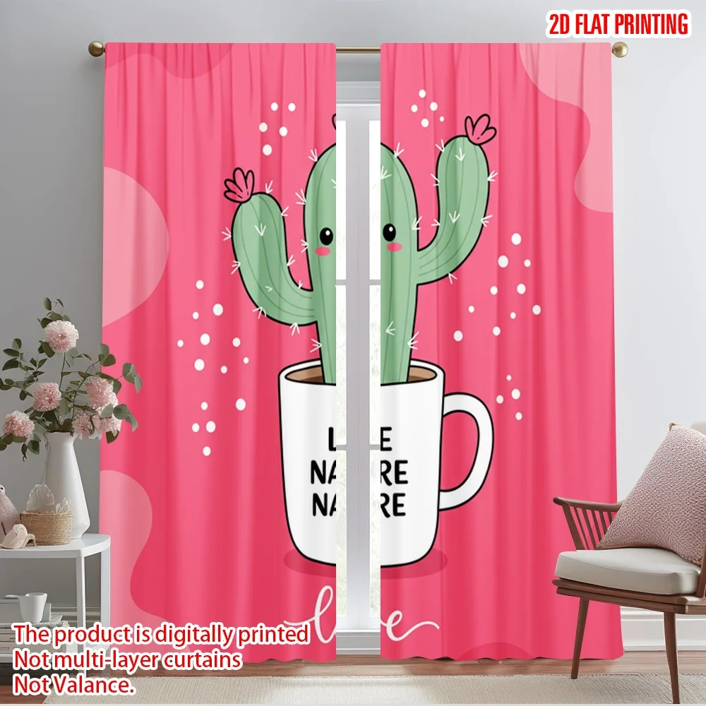 

2pcs 2D flat printing Curtains Cute Cactus Love Nature Fabric Without Electricity Festive Wall Decor Use for Indoor Celebrations