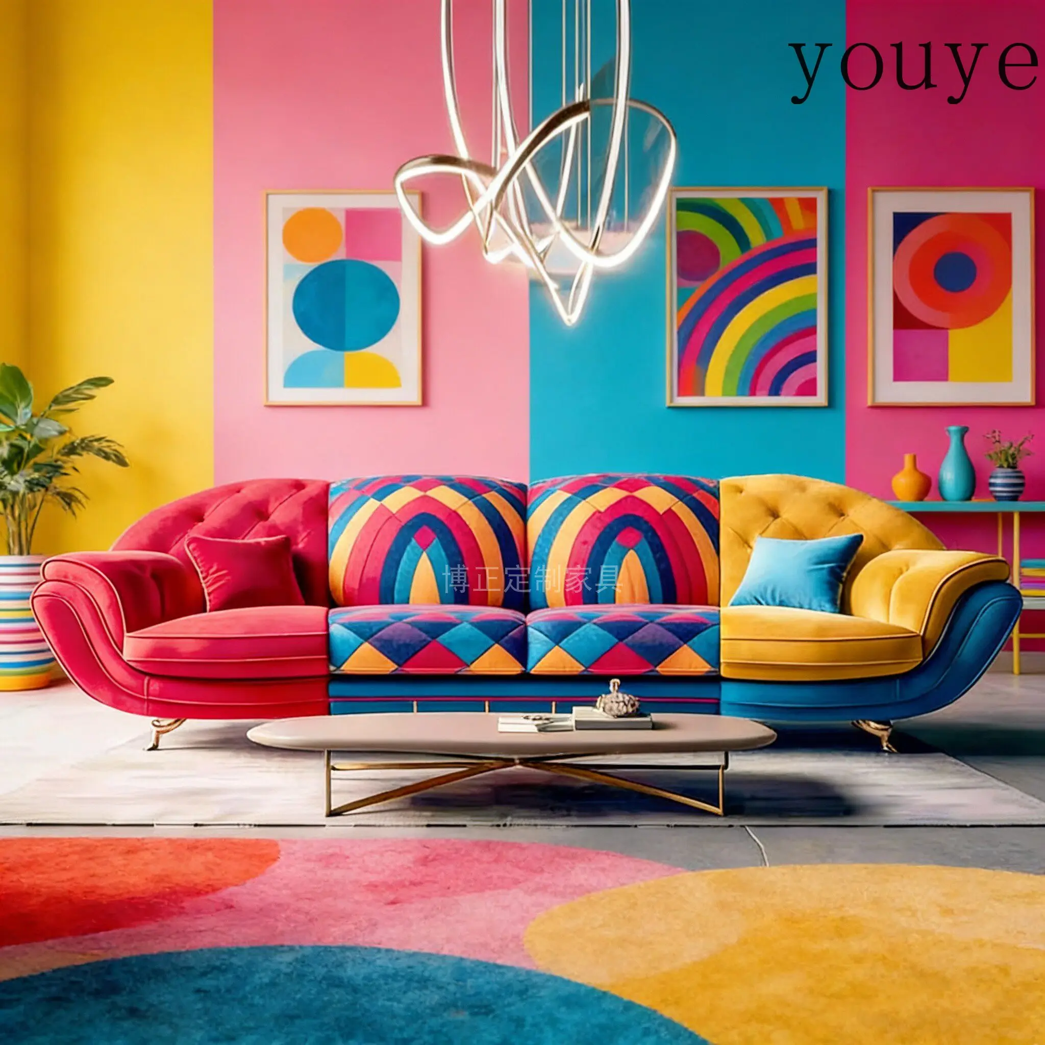 Creative color contrasting art sofa designer retro flannel buckle living room leisure sofa