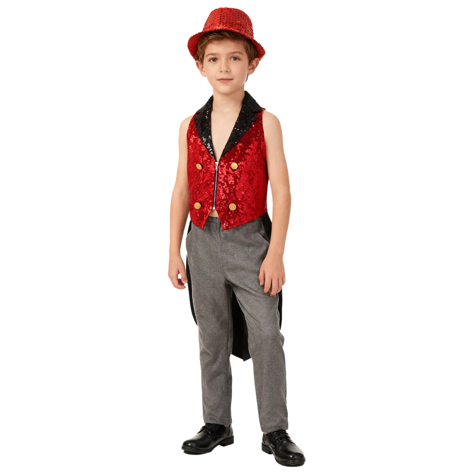 Children Circus Magician Show Tailcoat Vest Lapel V Neck Sequins Medieval Waistcoats with Fedora Hat Carnival Jazz Dance Costume