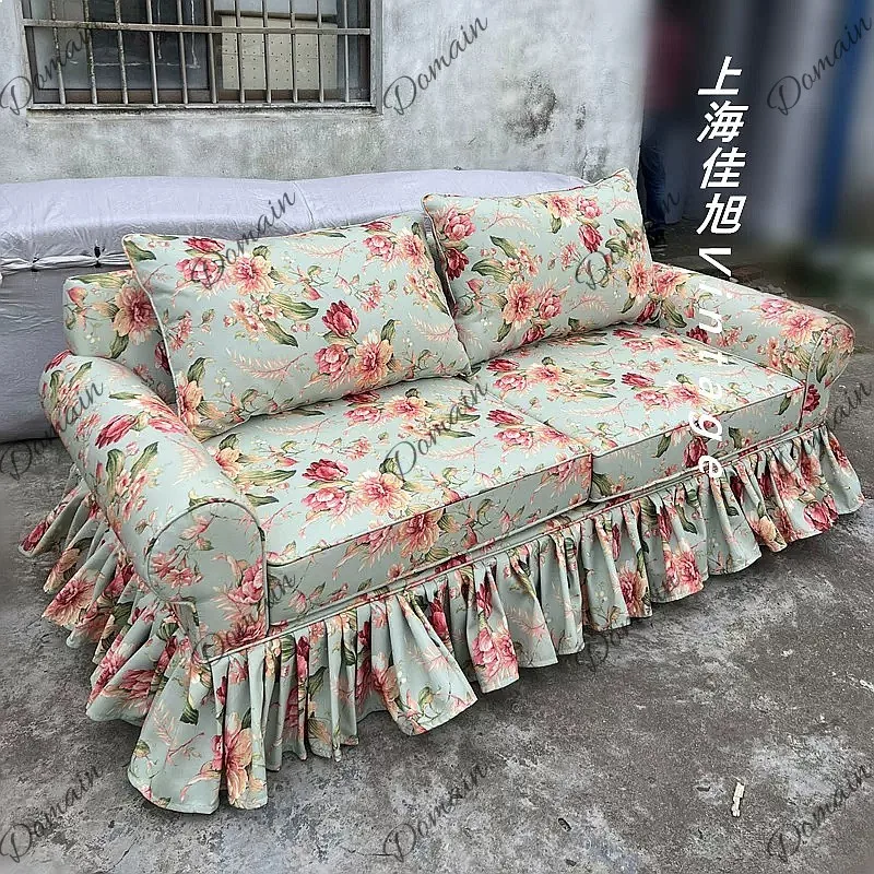 French pastoral style sofa floral fabric retro peony skirt edge straight row dismantling and washing photography