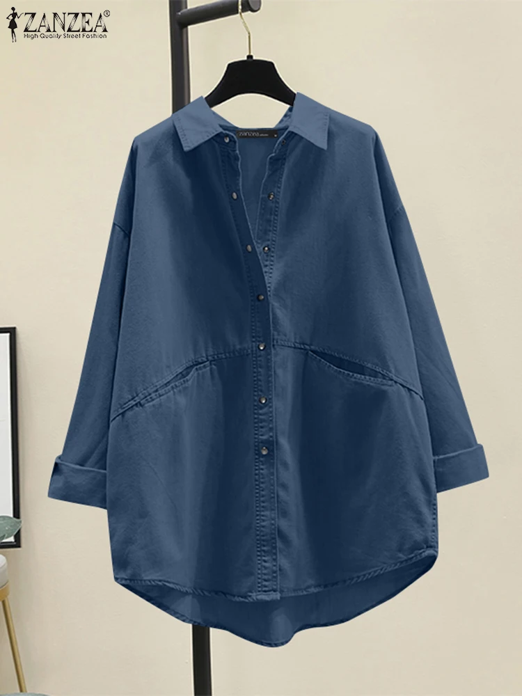 

ZANZEA Women Lapel Collar Shirts Holiday Solid Color Blouse Fashion Pokets Long Sleeve Tops Korean Stylish 2025 Spring Tunics