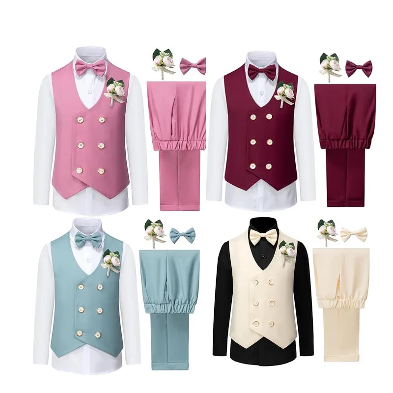 Children Summer Vest Shirt Pants Bowtie Flower 5P Breathable Photography Suit Boys Birthday Costume Gentleman Kids Wedding Dress