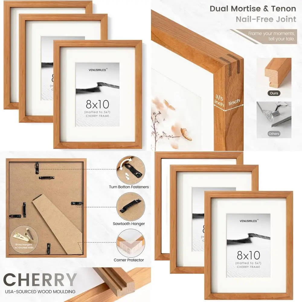 

Set of 3 Natural Cherry Wood 8x10 Picture Frames, USA-Made with Matted 5x7 Openings, Tempered Glass for Wall or Table Display