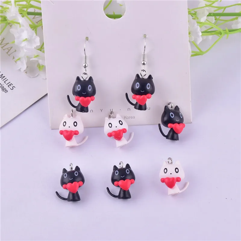 10pcs 20*16mm Anima Cat with Heart Plastic Charms Pendant for DIY Jewelry Keychain Making Craft DIY