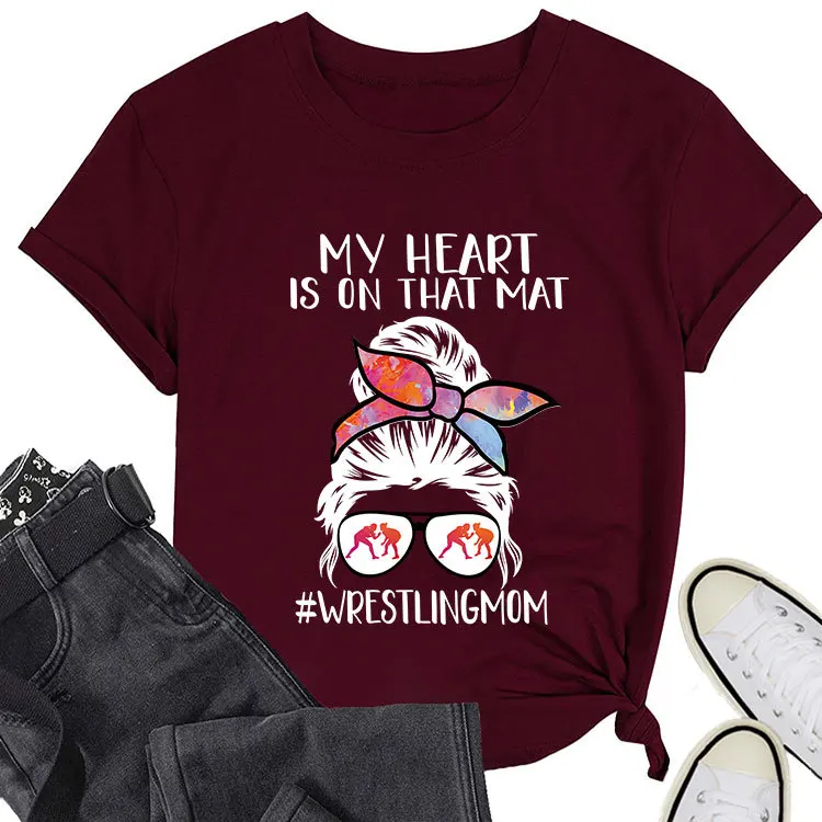 My Heart is on that Mat wrestling mom summer casual casual style printed short-sleeved tops