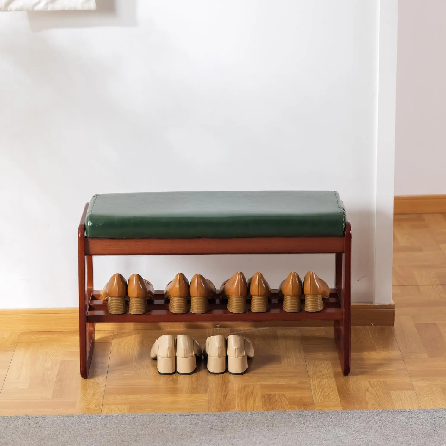 

Green Solid Wood Entryway Shoe Bench with 2-Tier Storage and Cushion for Hallway and Living Room