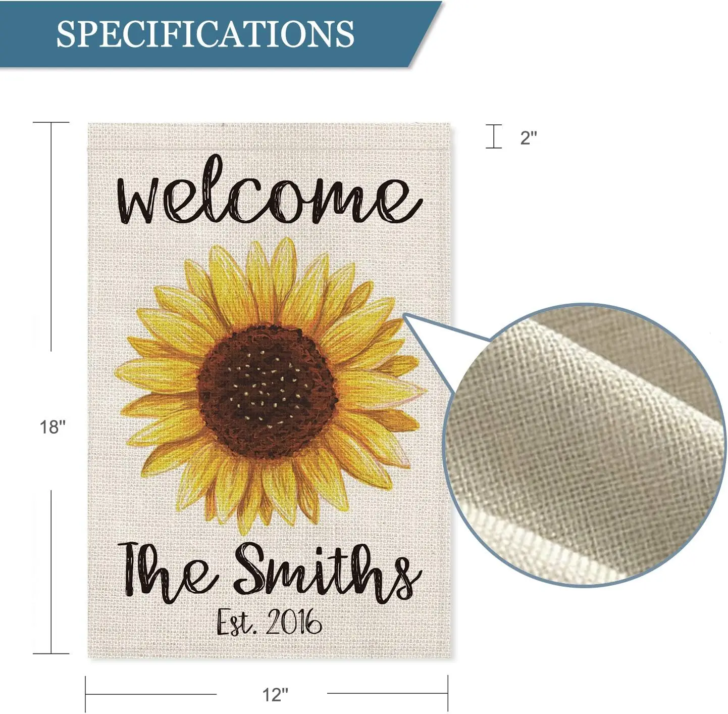 SMILE Personalized Welcome Sunflower Garden Flag, Customized Family Last Name And Established Year Summer Spring Flower, Double