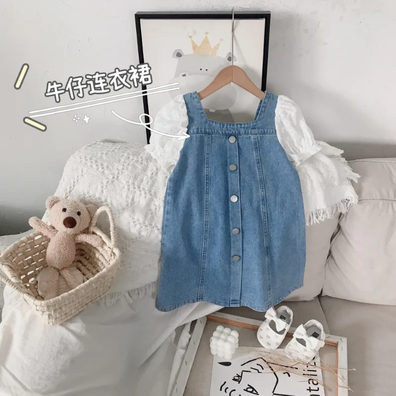 

Girls' Denim Dress Summer New Bubble Sleeve Patchwork Princess Skirt