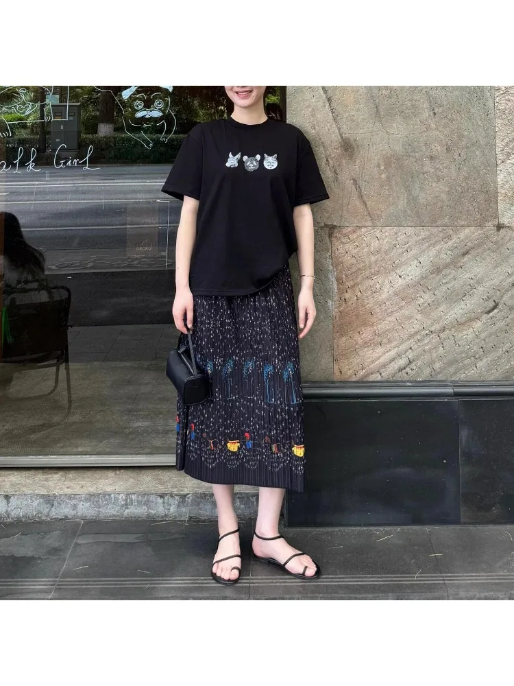 

Black Half Skirt 2025 Summer New Miyake Folded Loose Straight Tube Slimming Retro Style Medium Length Skirt