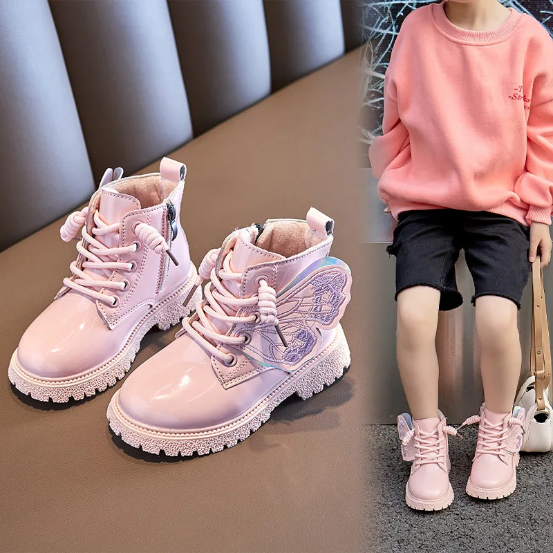 Children New Fashion Martine Boots Girls Butterfly Solid Color Boots Lace Up Side Zipper Winter Boots Non-slip PU Leather Shoes