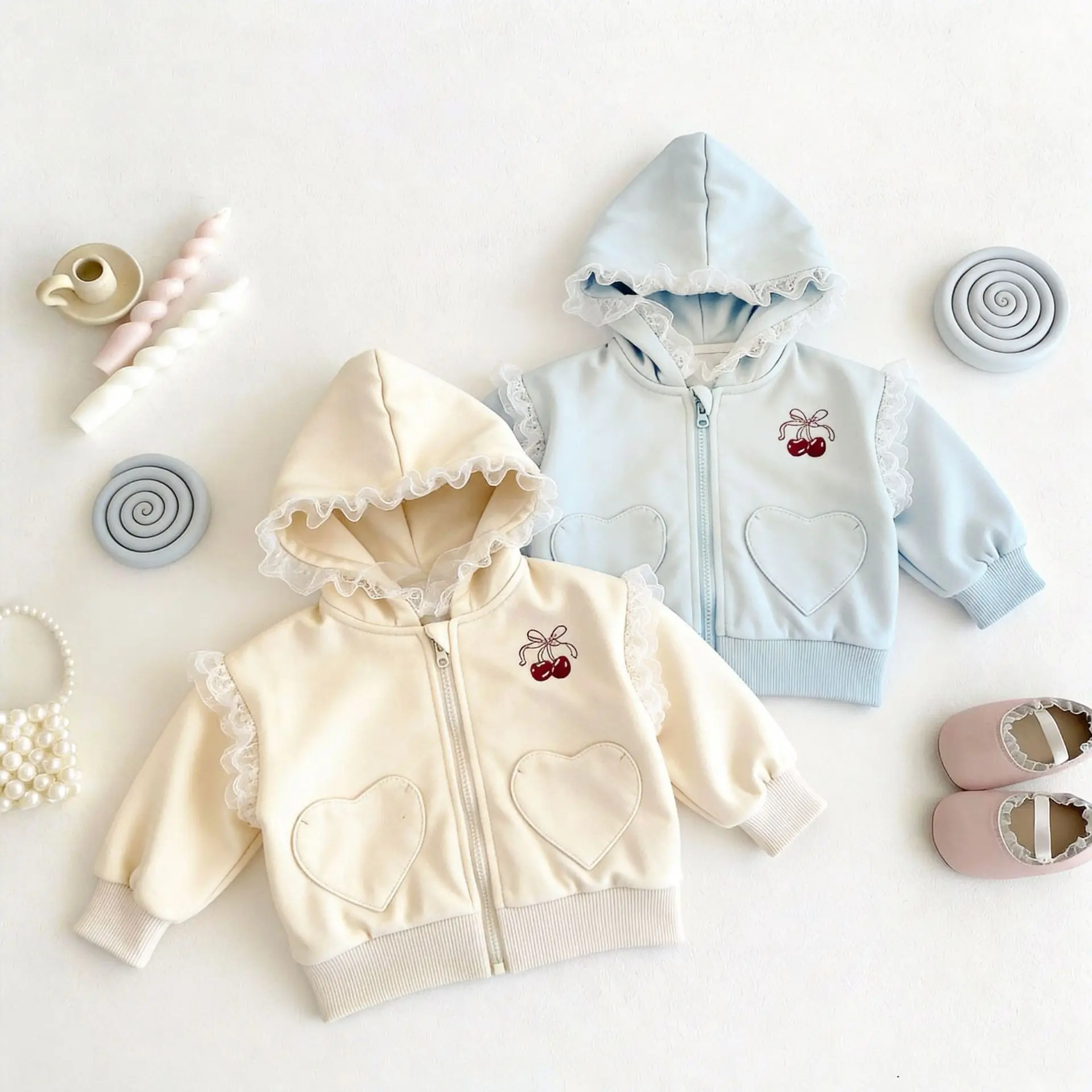 

2026 Spring New Baby Long Sleeve Hooded Coat Infant Girl Cute Lace Jacket Cotton Kids Toddler Zipper Tops Children Clothes