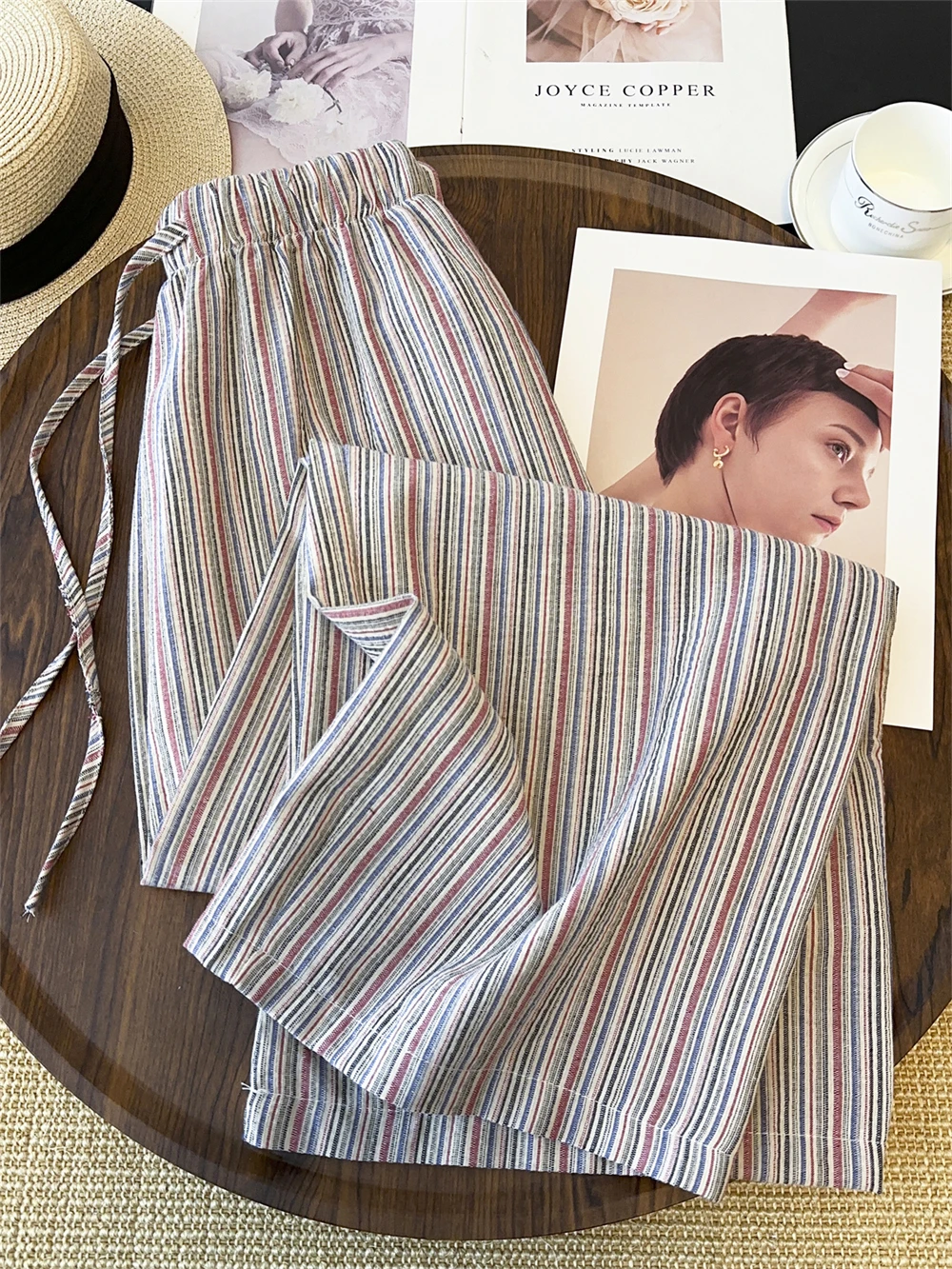 

Korean Style Striped Cotton Linen Wide Leg Pants Women Summer High Waist Drawstring Thin Loose Straight Casual Long ...