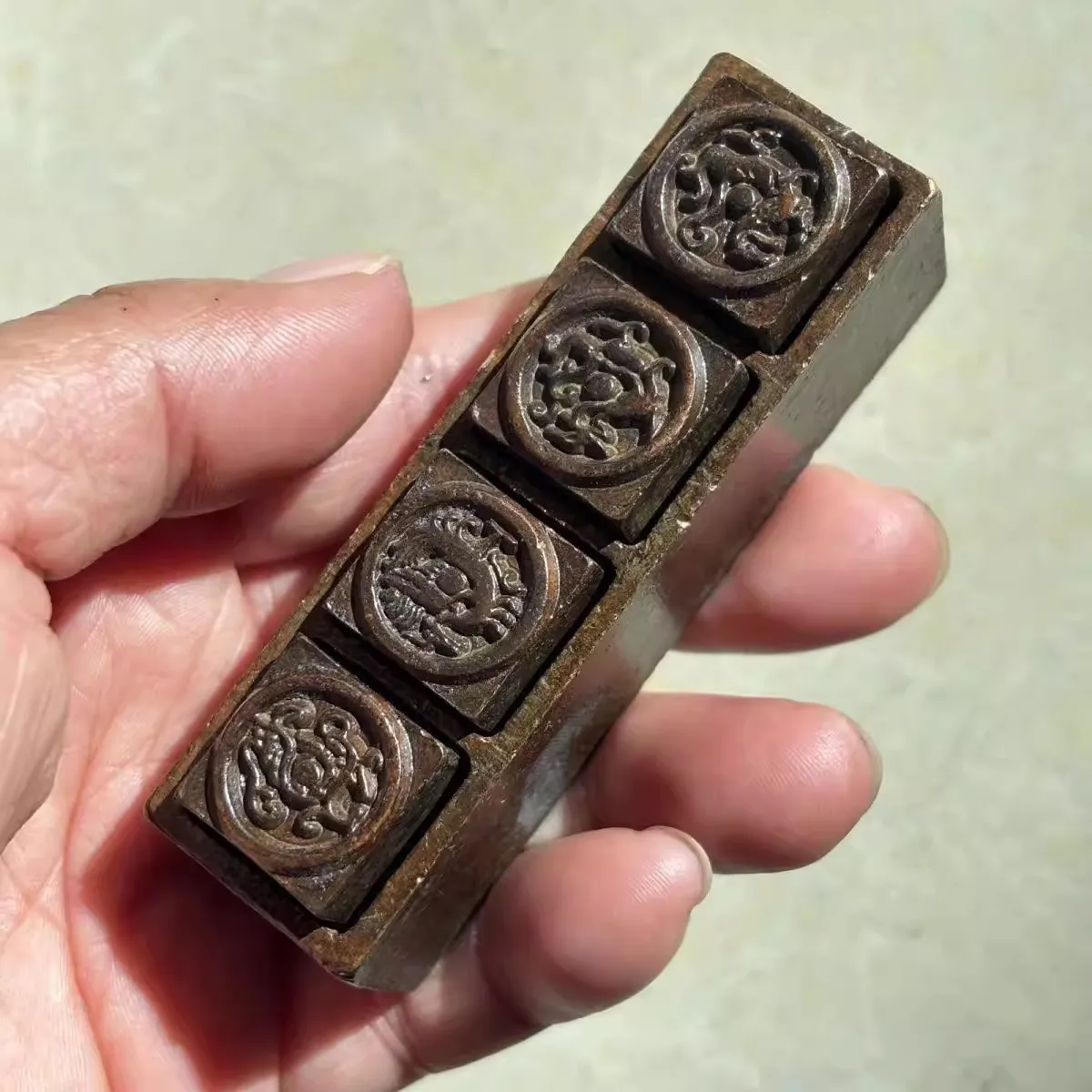 Antique Four-Layer Stamp Set: Retro Four-in-One Taoist Seal, Laozi Master Treasure Thunder Seal, Copper Seal Ornament