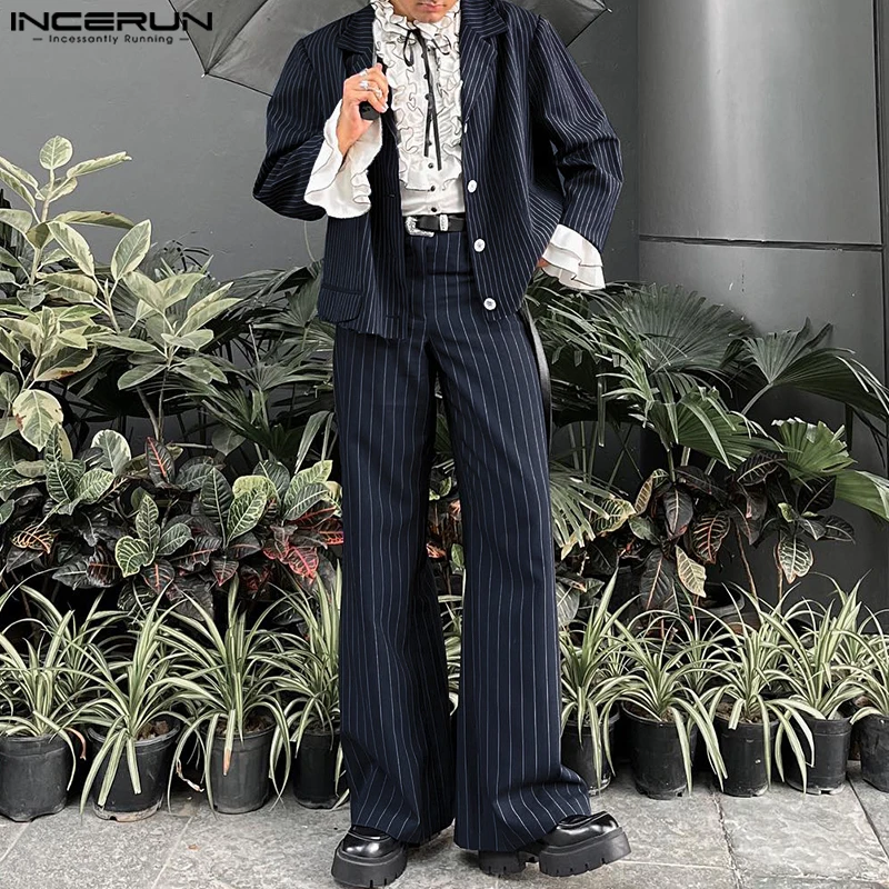 INCERUN Men Well Fitting Two-piece Suits 2024 Casual Commuting Elegant Outfits American Fahion Handsome Stripes Splicing  Sets