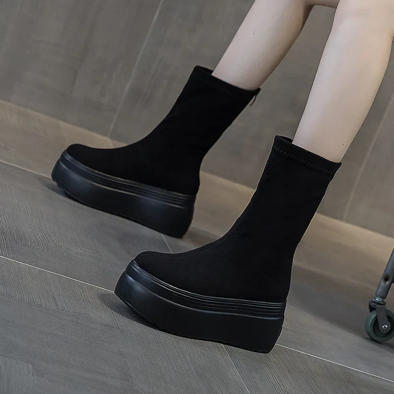 Women Platform Boots Black Suede Wedges Shoes Punk Fall Long Knee Boots 8cm Chunky High Heels Comforts Bottines Plateforme