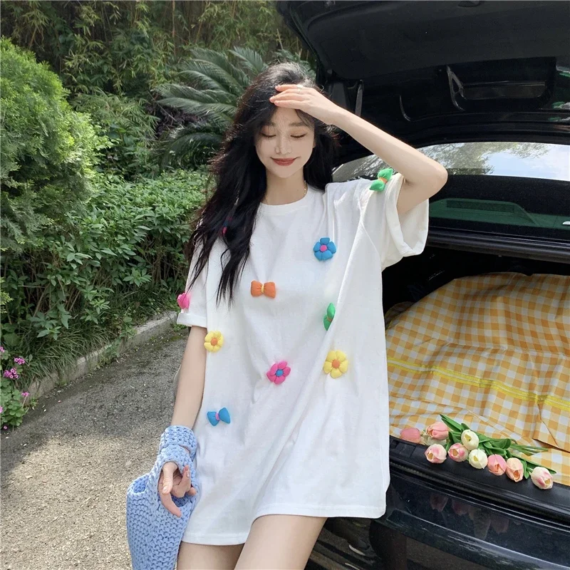 Chic Loose Stereoscopic Flower Women T-shirts 2023 Summer Sweet All Match Tees O-neck Short Sleeve Female Oversized Pullovers